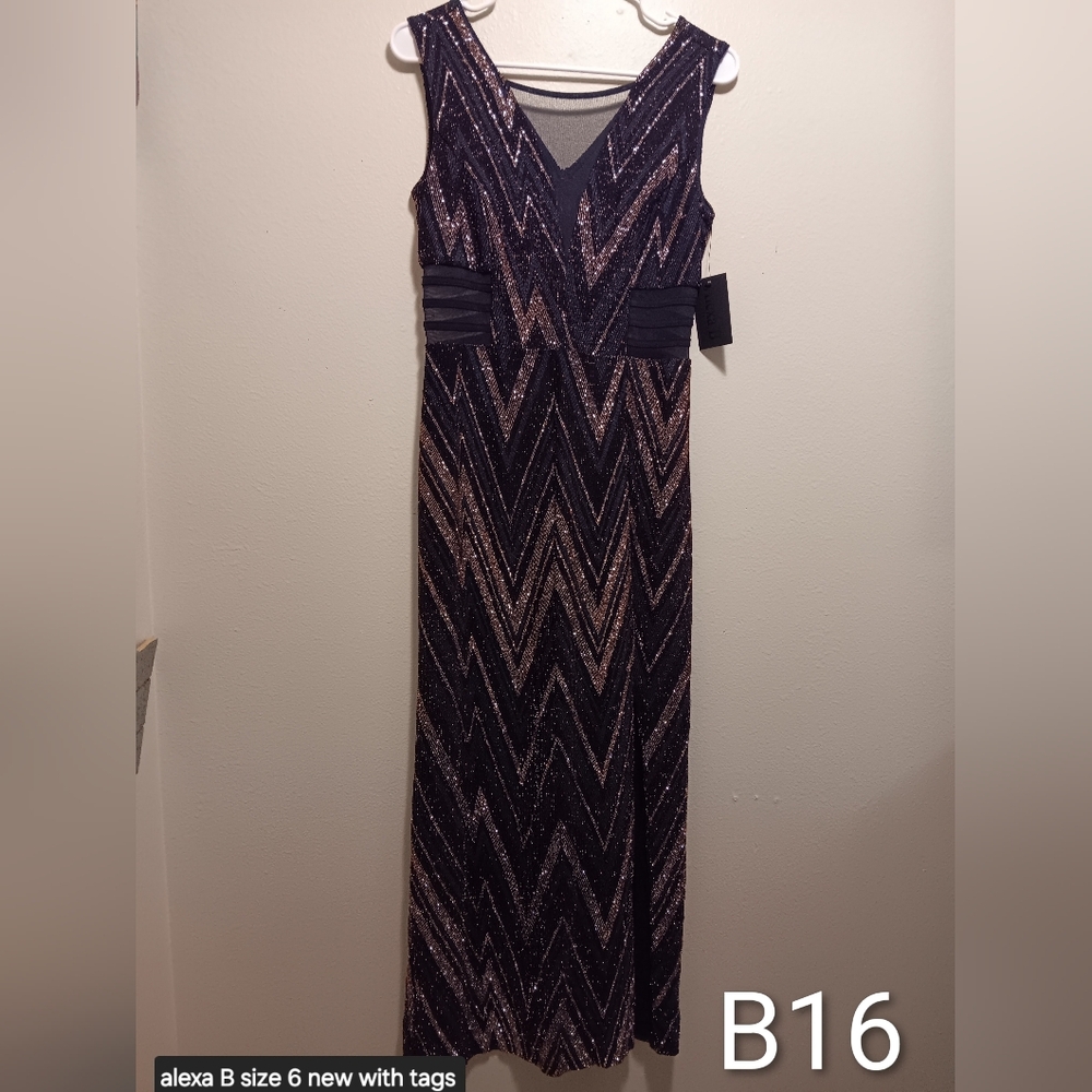 Alexa B Black and Gold Chevron Maxi Dress